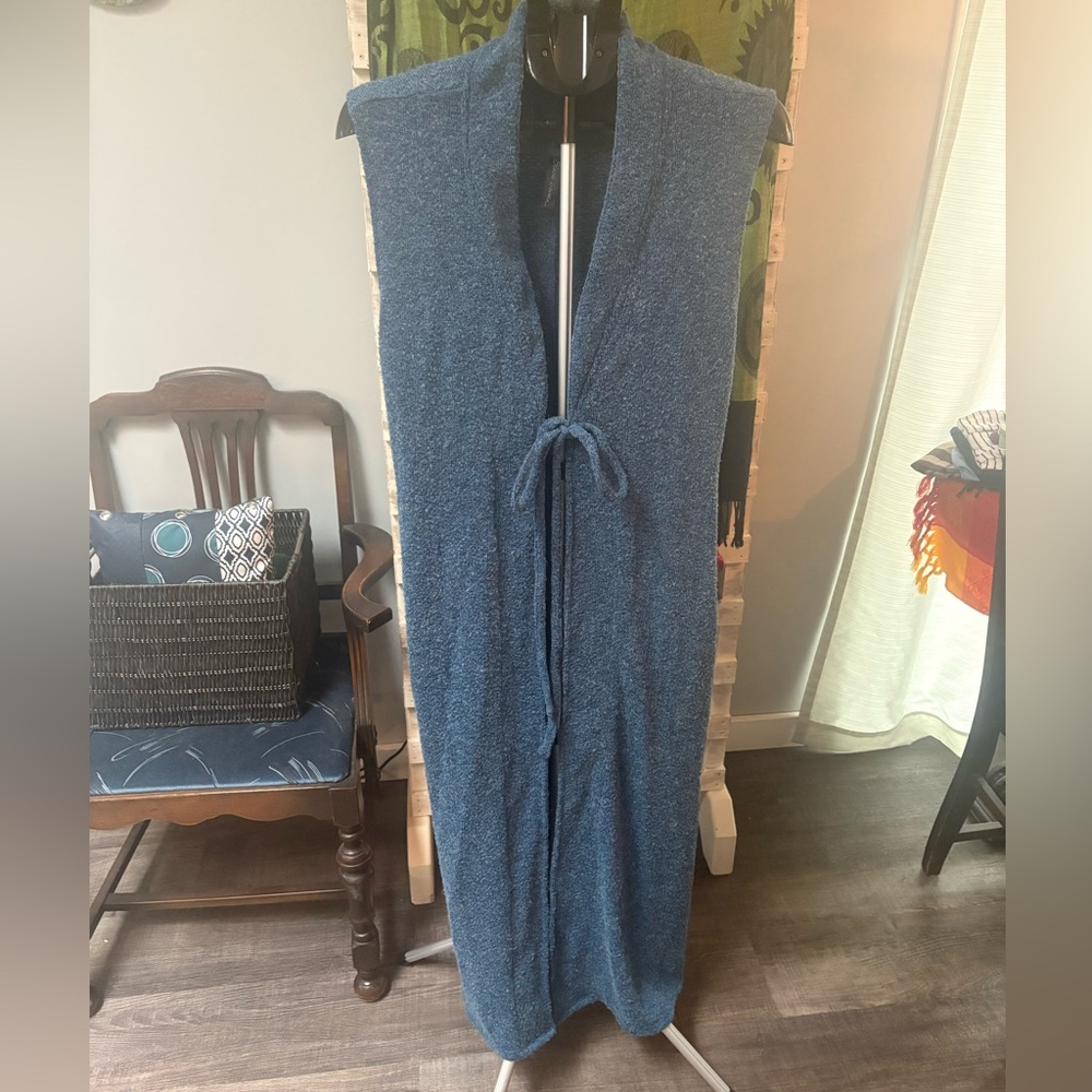 Indigo Blue Sleeveless Knit Maxi Vest with Tie, Pockets and Slits for walking.